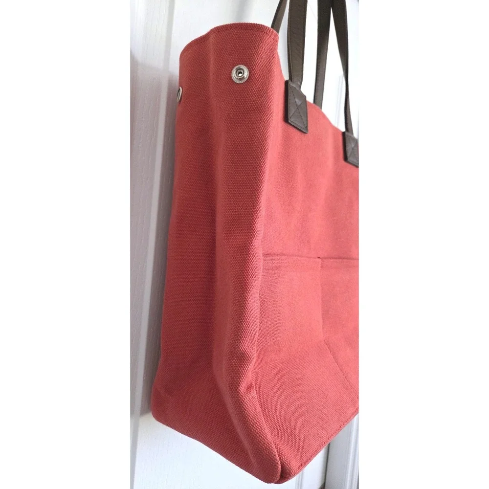 Restoration Hardware Red Canvas Tote Bag Brown Straps Pockets Metal Feet